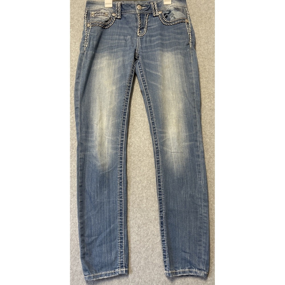Miss Me Jeans Skinmy Stitched Button Flap Pocket Blue Womens Size 27/29 Inseam